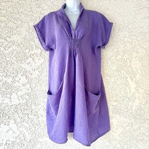 Meo Meli garment dyed linen smock dress Made In Italy Lagenlook Purple | Blue